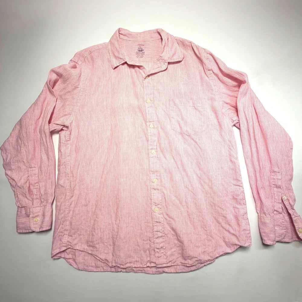 J.Crew Irish Linen Shirt XL Lot Pink Stripe Gray White Baird McNutt
