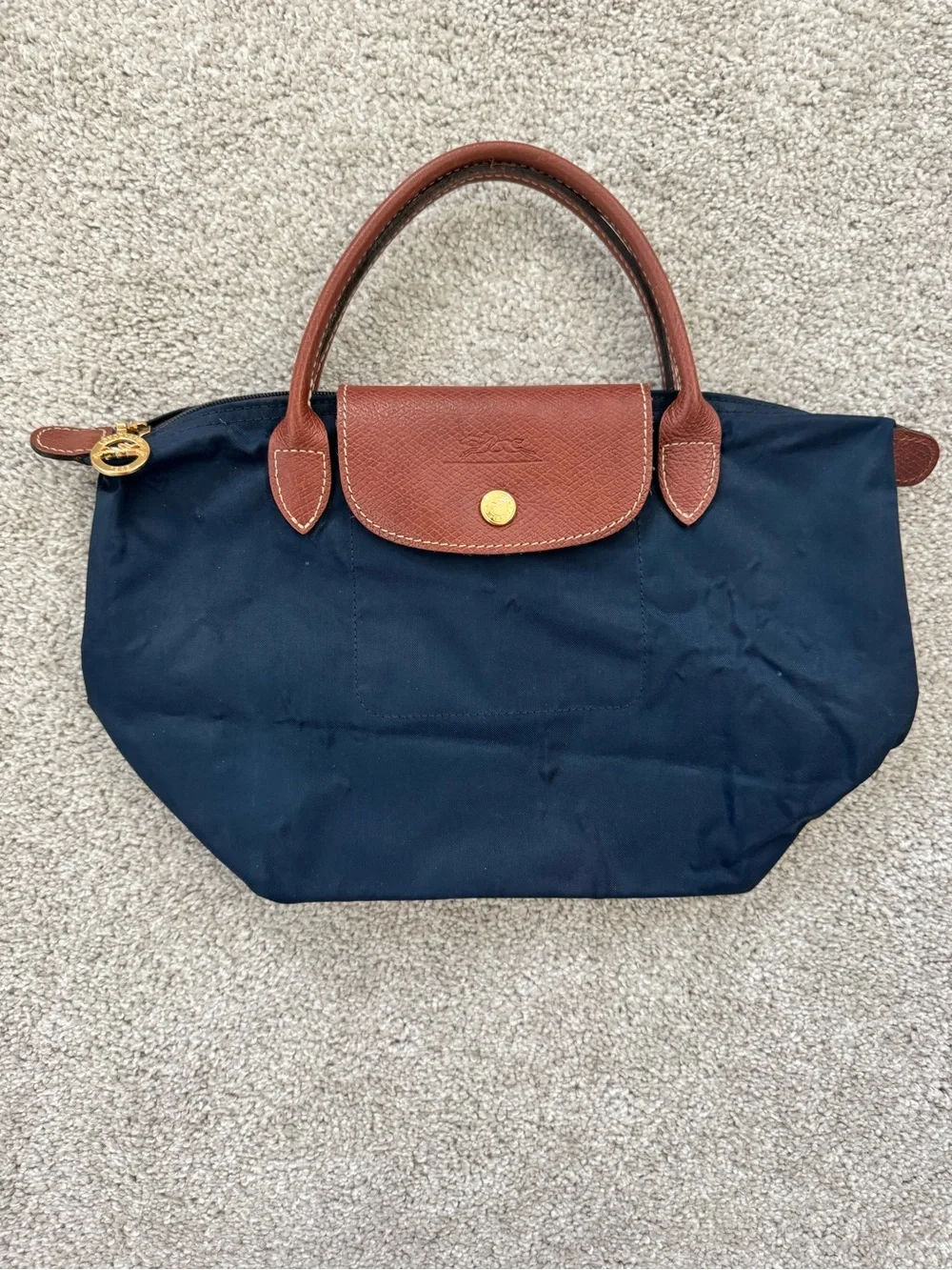 Longchamp Le Pliage Small Navy Tote with Brown Leather Trim Quiet Luxury Minimal