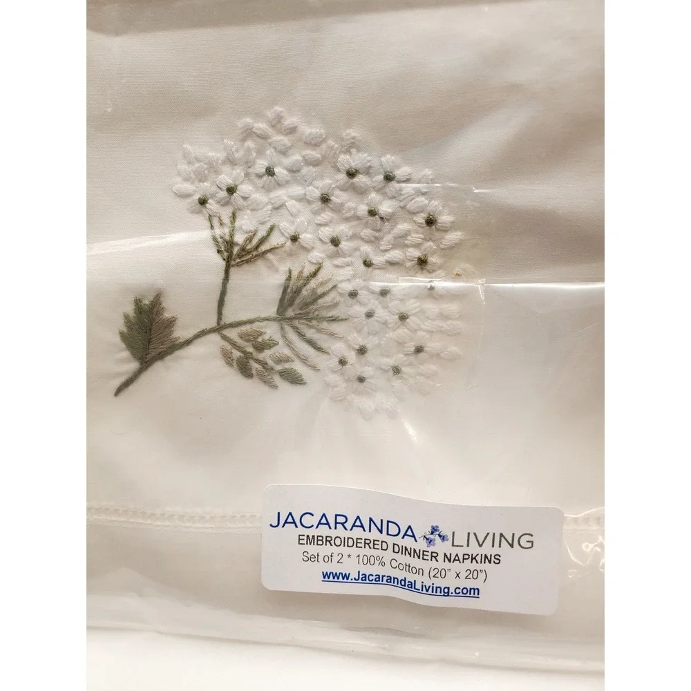 NIP Jacaranda Living Hand Embroidered White Hydrangea Cotton Napkins, Set of 2