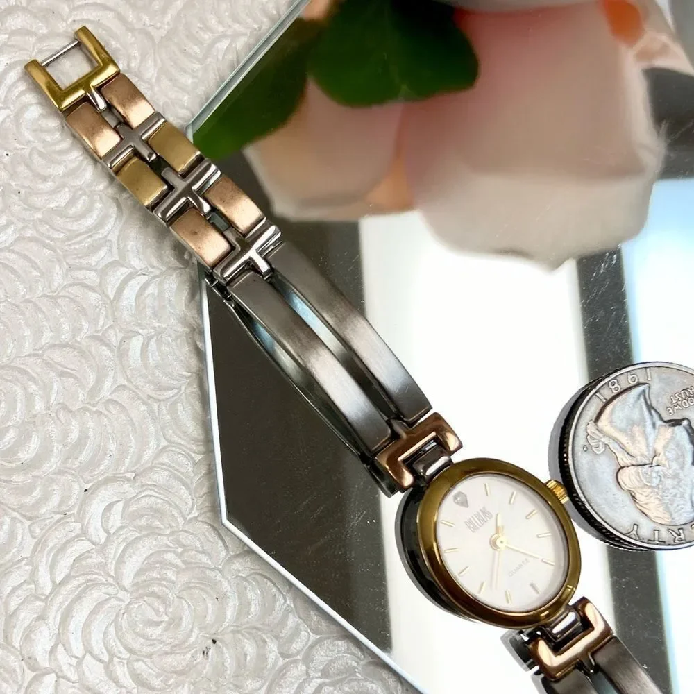 Vintage Bill Blass Diamond Accented Oval Dial Tri-Color Bracelet Watch