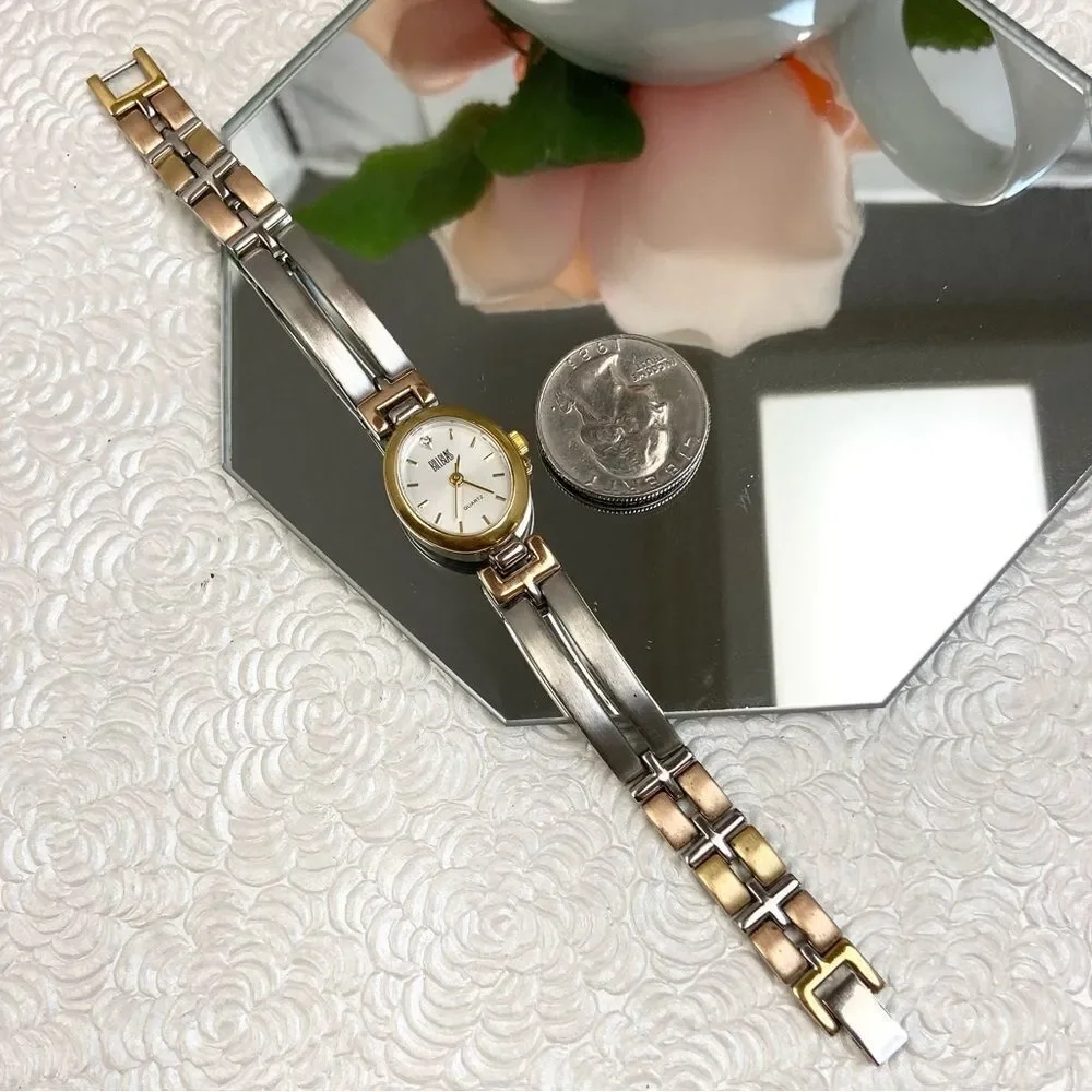 Vintage Bill Blass Diamond Accented Oval Dial Tri-Color Bracelet Watch