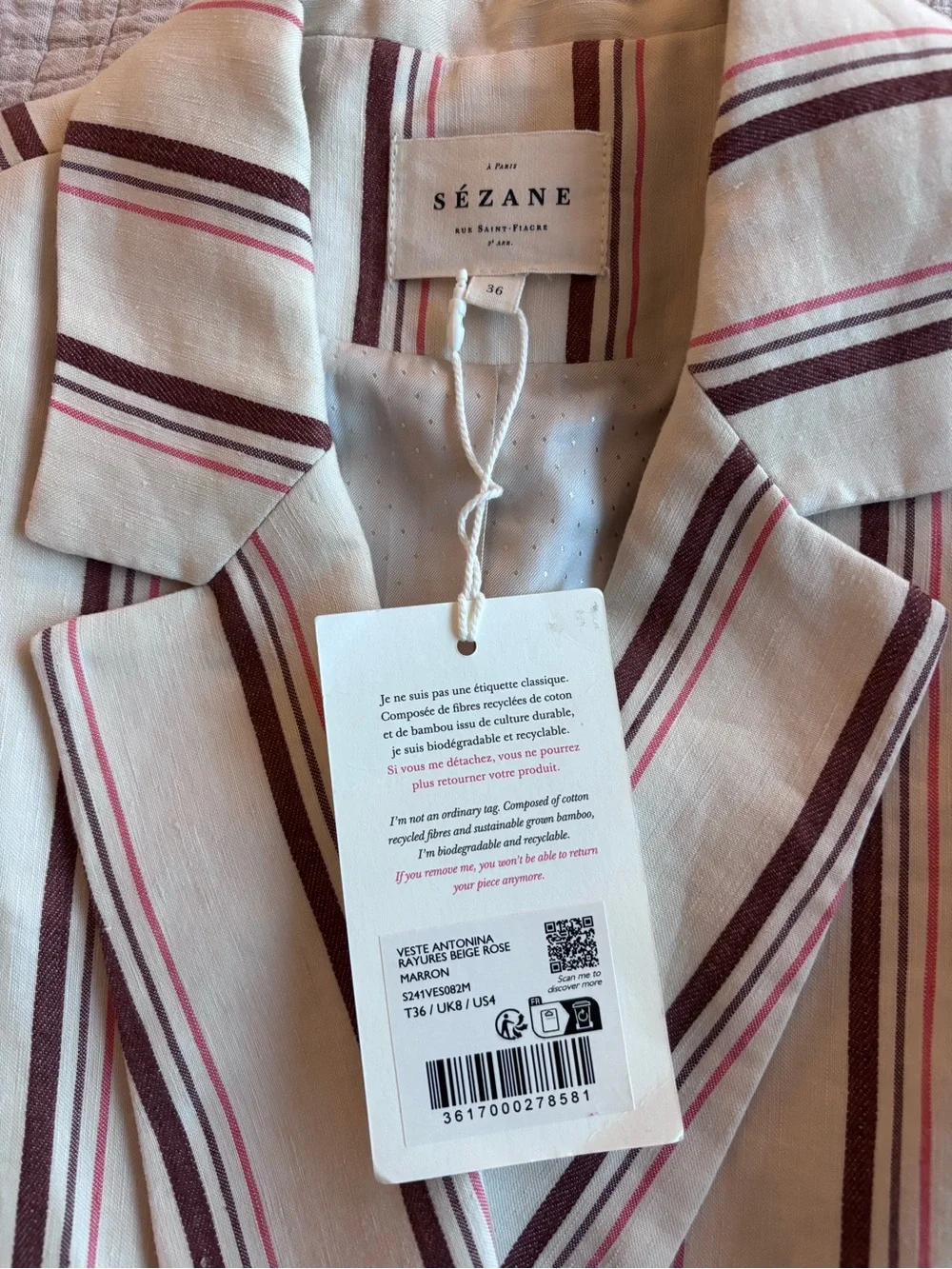 NWT Sézane Antonina Jacket in Stripes Beige Pink Brown Size 4/36