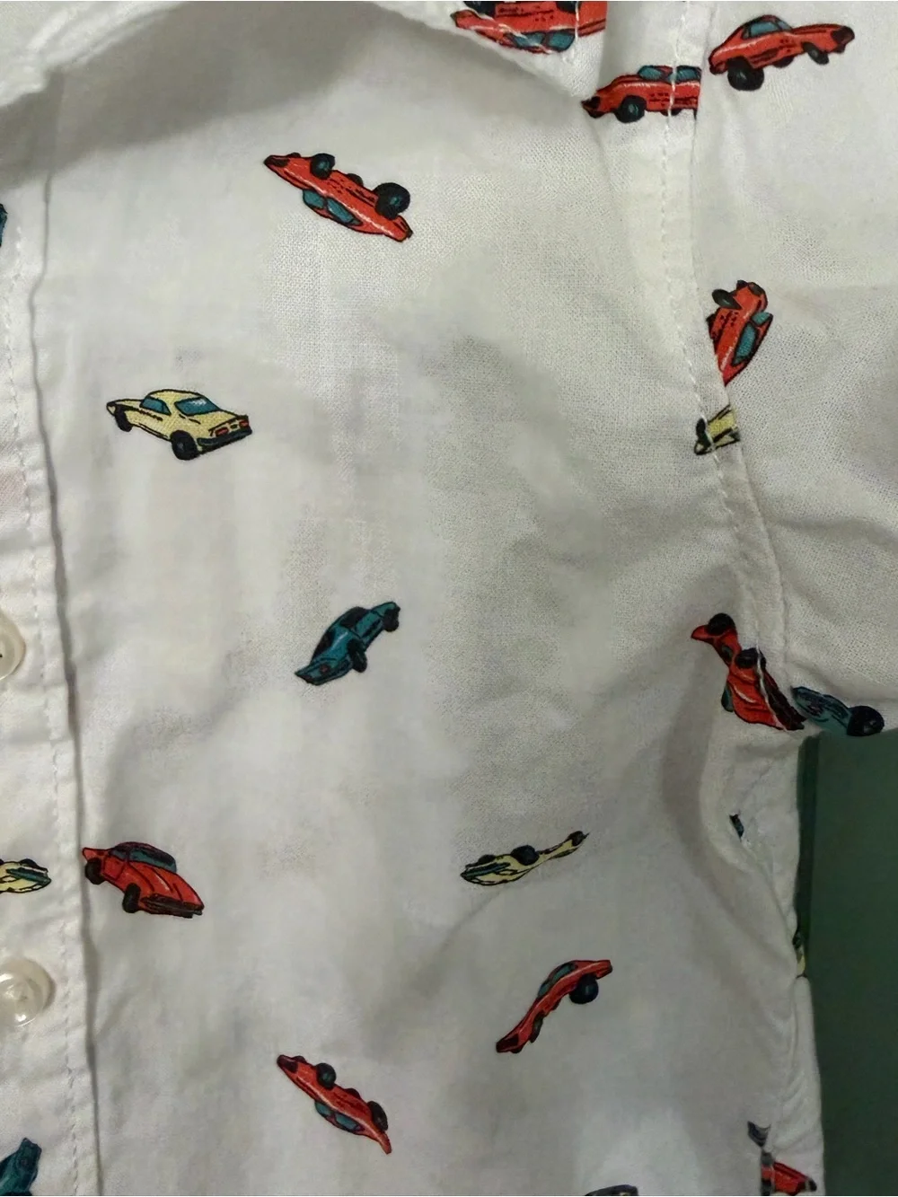 Carter's White Short-Sleeve Button-Down Shirt with Red, Blue & Yellow Car Print