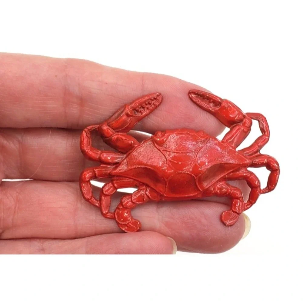 Vintage Red Enamel Painted on Tin Crab Brooch Pin