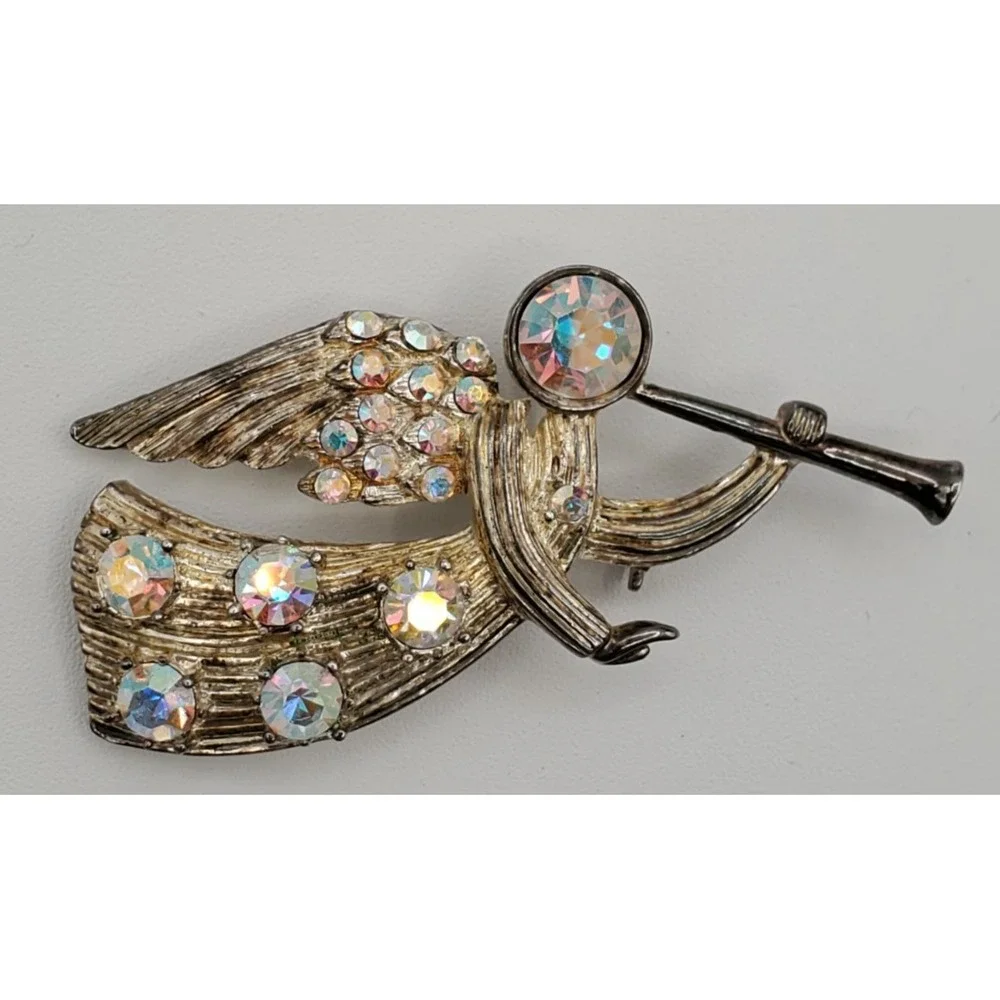 Vtg Gold Tone Eisenberg Ice Aurora Borealis Angel & Trumpet Brooch Pin