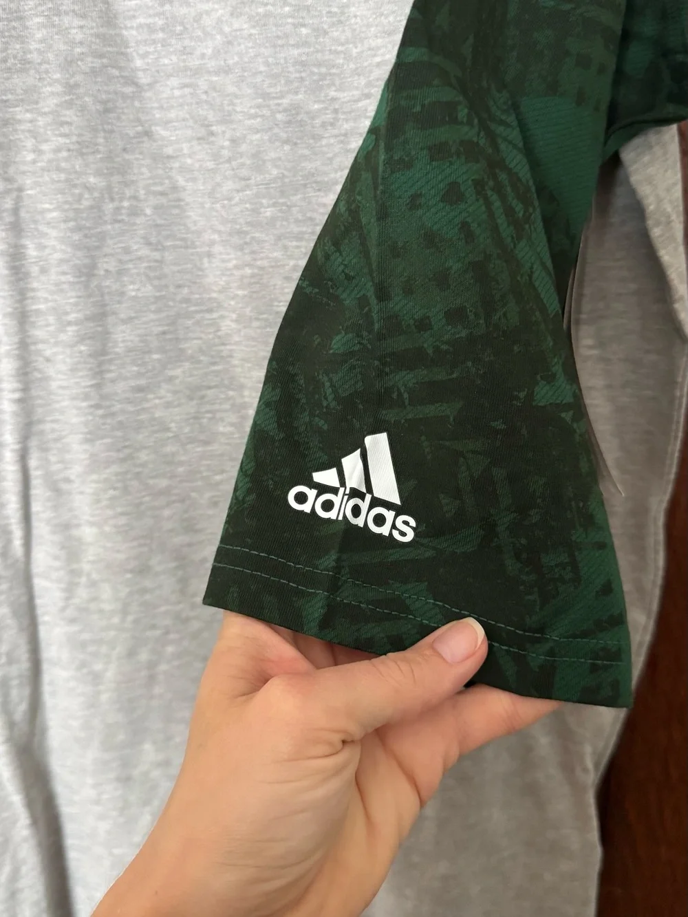 NWT adidas Heather Gray Baseball Tee with Dark Green Trim XL