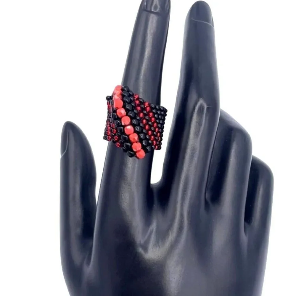 Black with Red Crystal Cellini Spiral Statement Ring Size 7