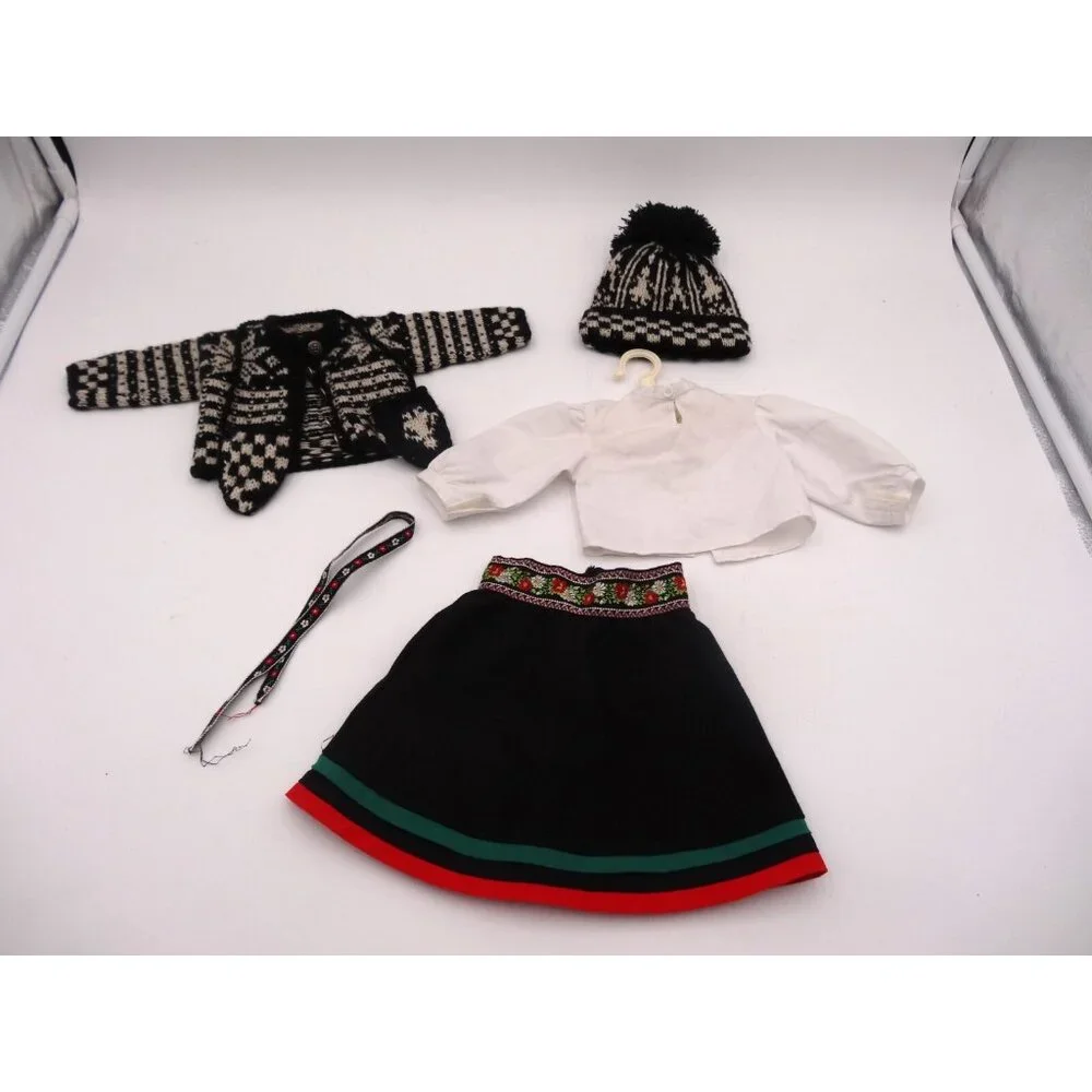 American Girl Kirsten's Winter Woolens Skirt Sweater Hat Mitten Ribbon Hanger To
