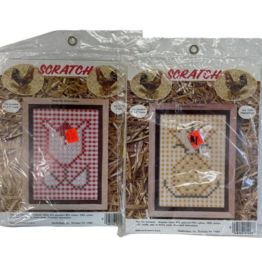 Gingham Teneriffe Embroidery Farmhouse Primitive Kit Lot‎ of 2 Pineapple Flower
