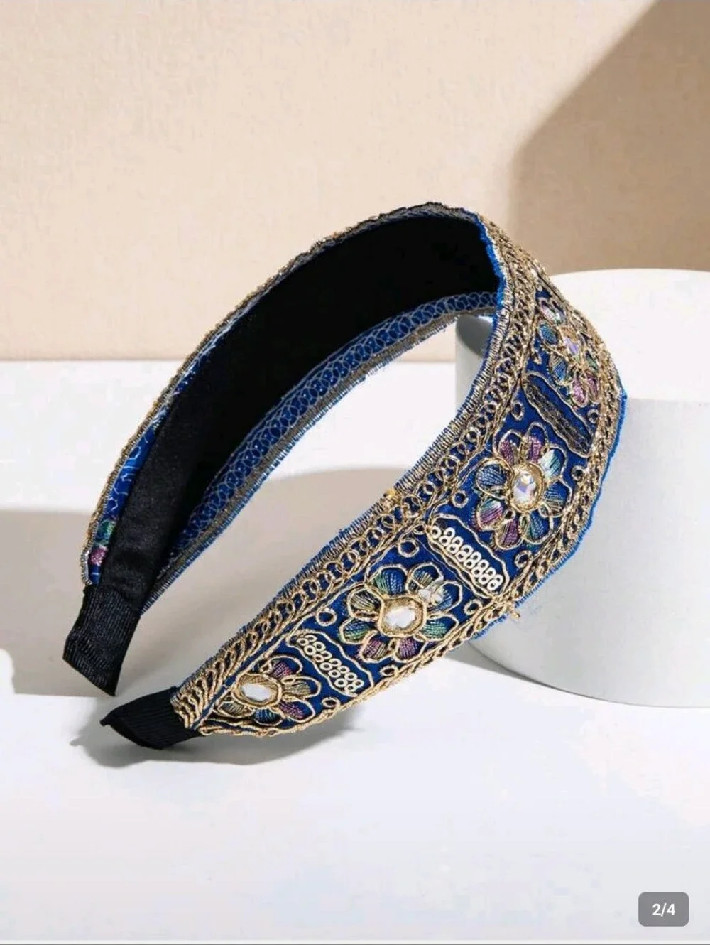 Boho Blue Gold Floral Embroidered Headband