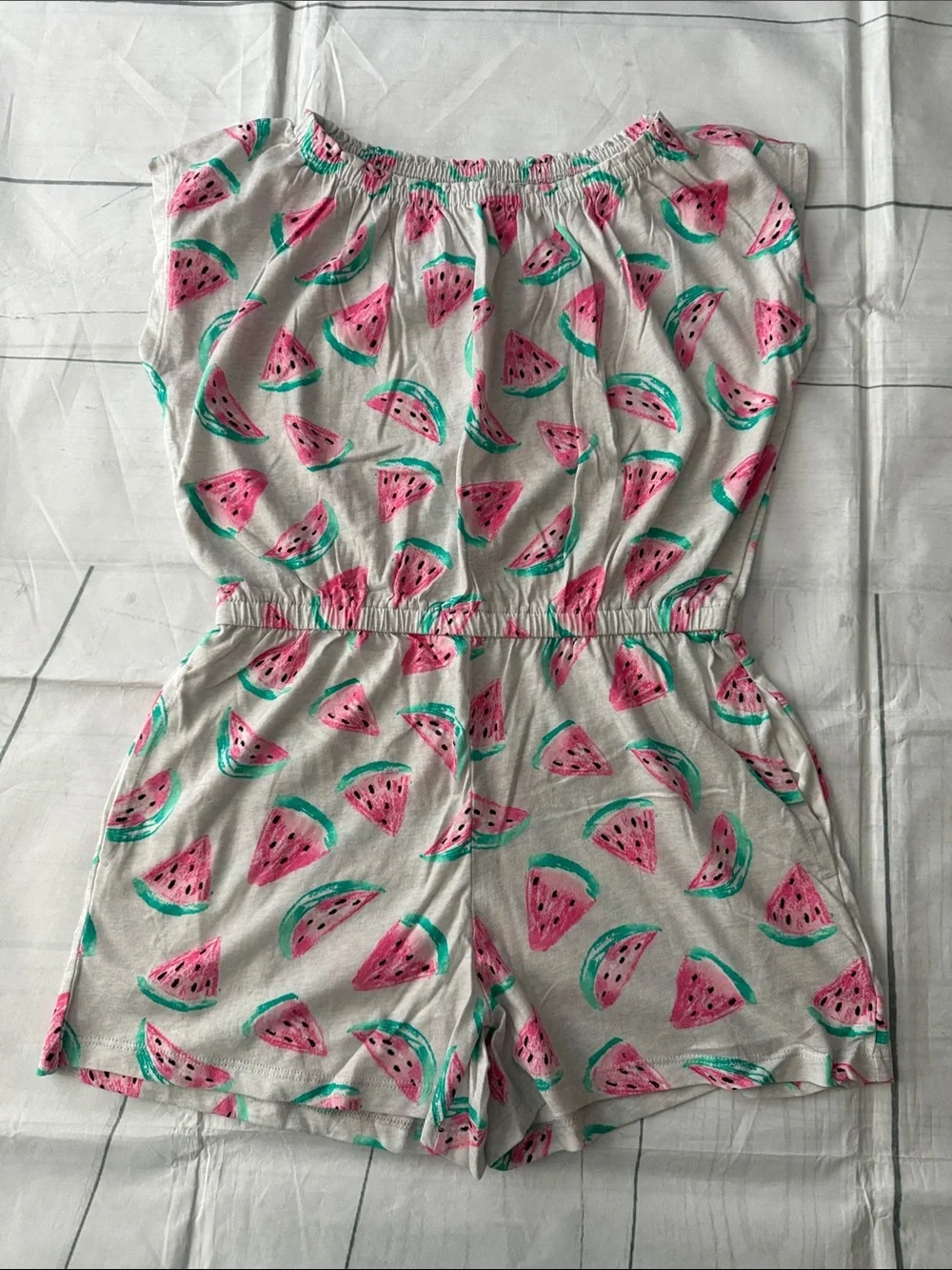 Old Navy Light Gray Romper Shorts with Pink & Teal Watermelon Print