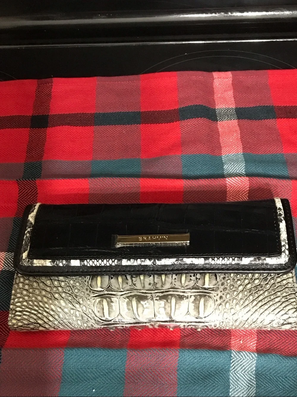 Brahmin Black and Silver Croc-Embossed Continental Wallet