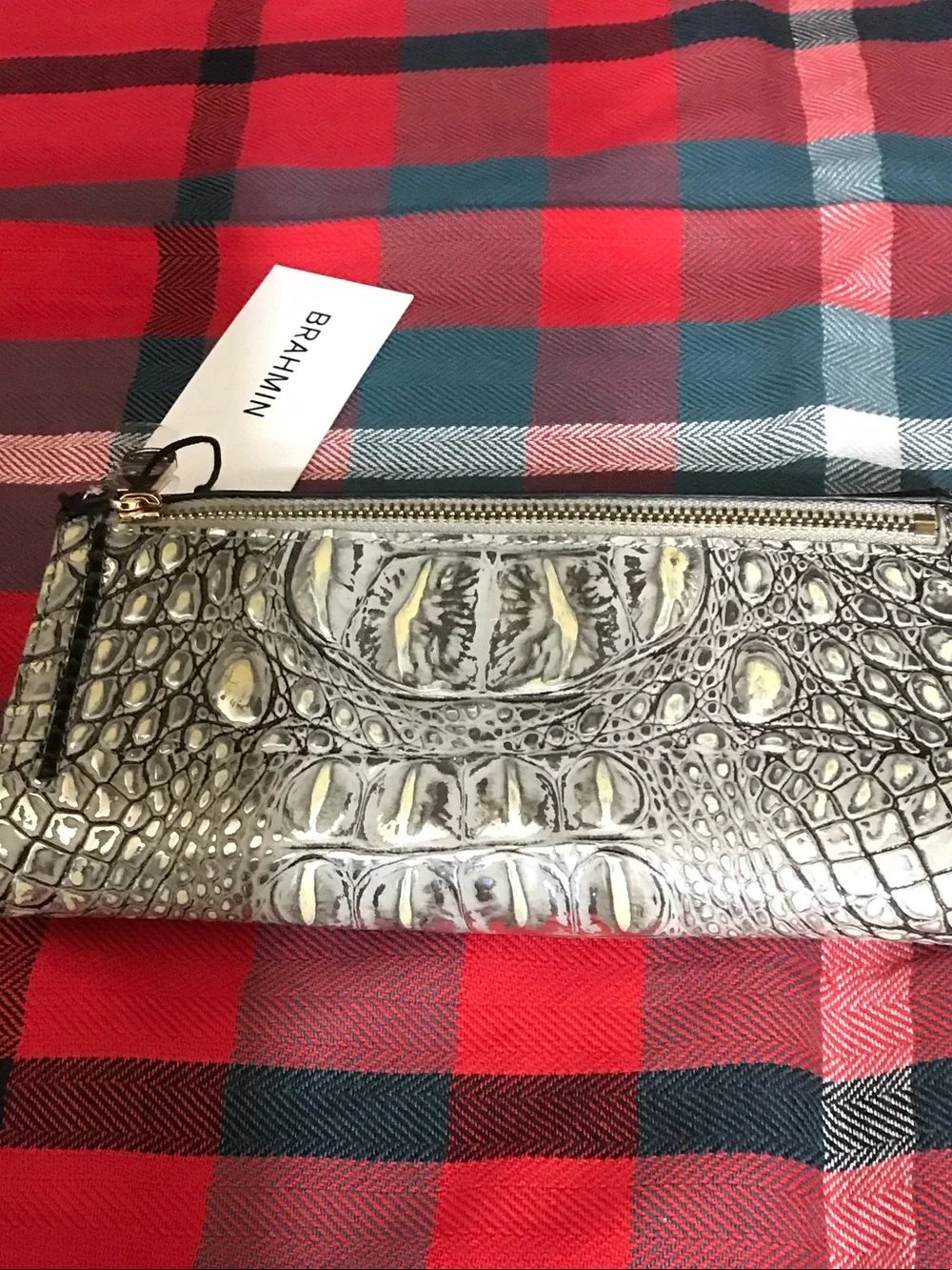 Brahmin Black and Silver Croc-Embossed Continental Wallet