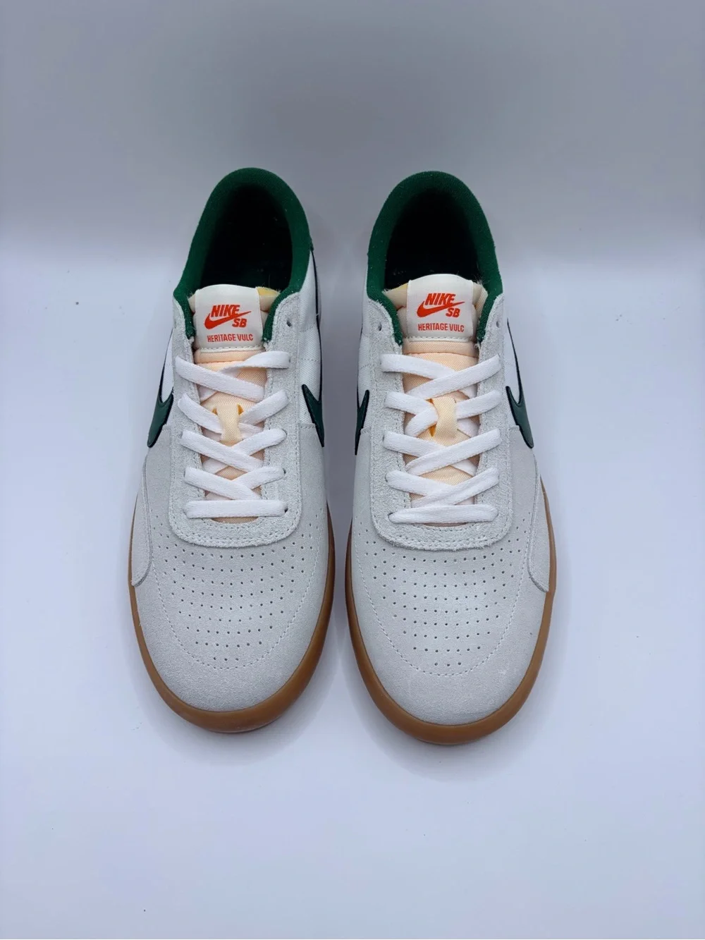 Nike Men’s White Suede Sneakers with Green Swoosh and Gum Sole
