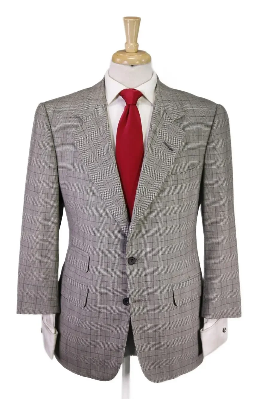 Edgar Pomeroy Bespoke Tan Black Plaid 2-Btn Handmade Wool Suit 38S