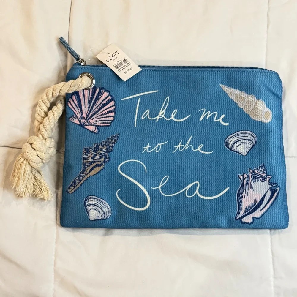 Loft Outlet Blue Take Me To The Sea Seashell‎ Canvas Pouch Clutch Rope Tassel