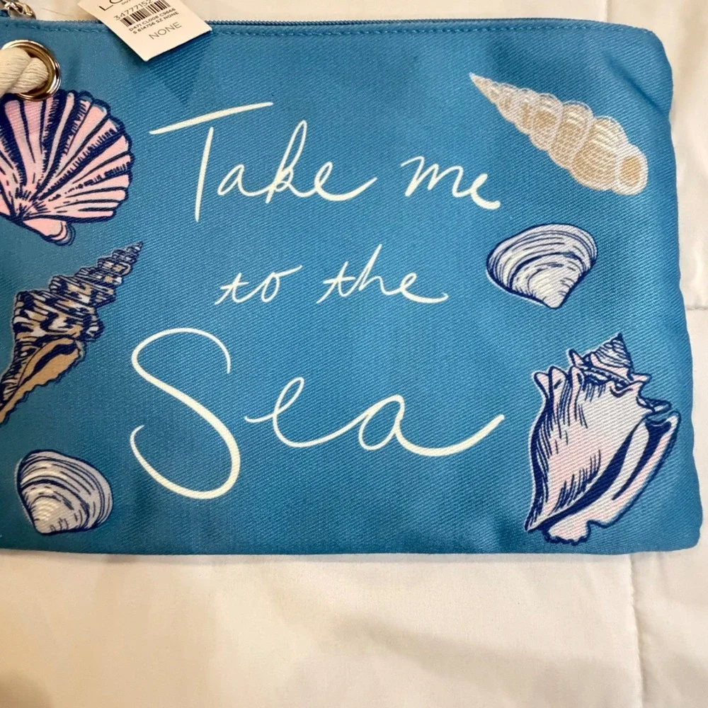 Loft Outlet Blue Take Me To The Sea Seashell‎ Canvas Pouch Clutch Rope Tassel