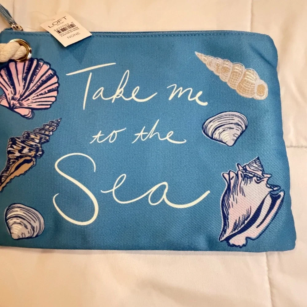 Loft Outlet Blue Take Me To The Sea Seashell‎ Canvas Pouch Clutch Rope Tassel