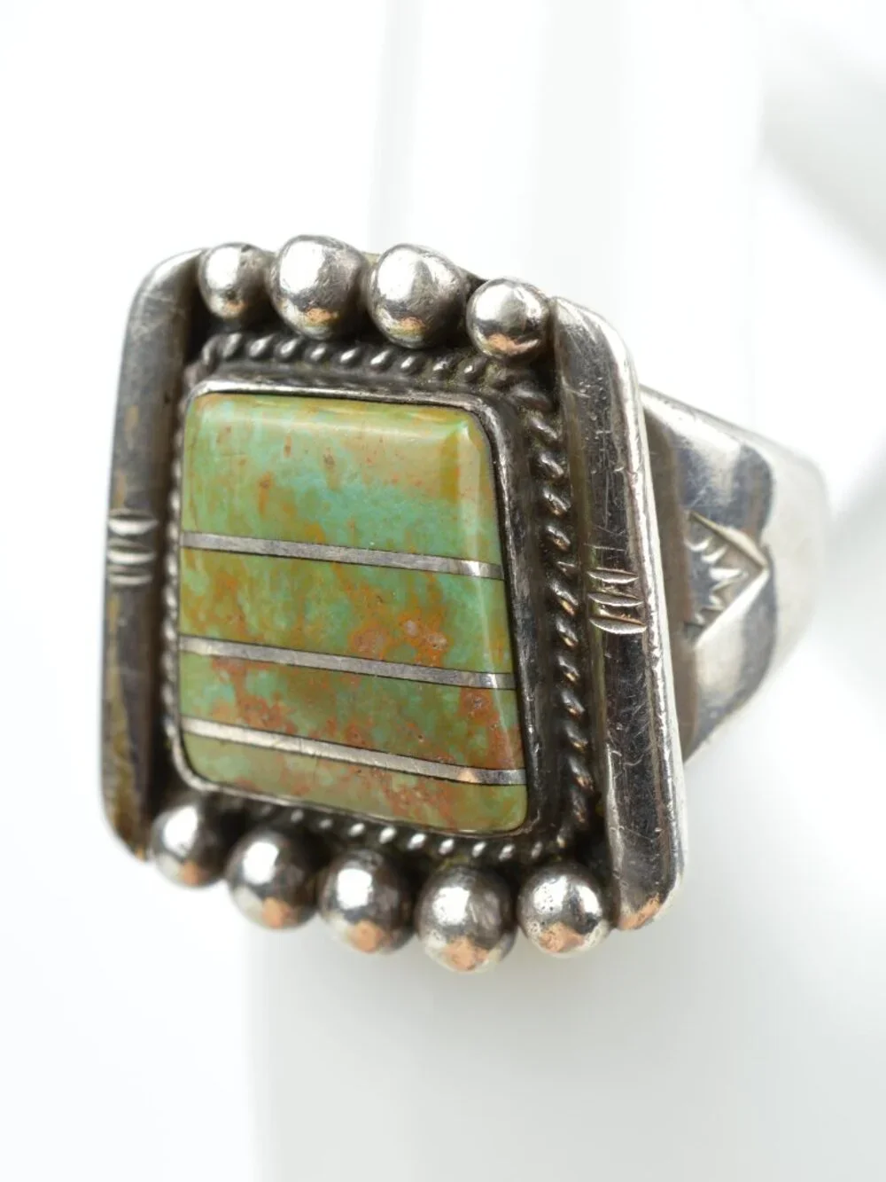 Vintage Navajo Sterling Silver Gaspeite Channel Inlay Ring Sz 14.25 Heavy 19.5g