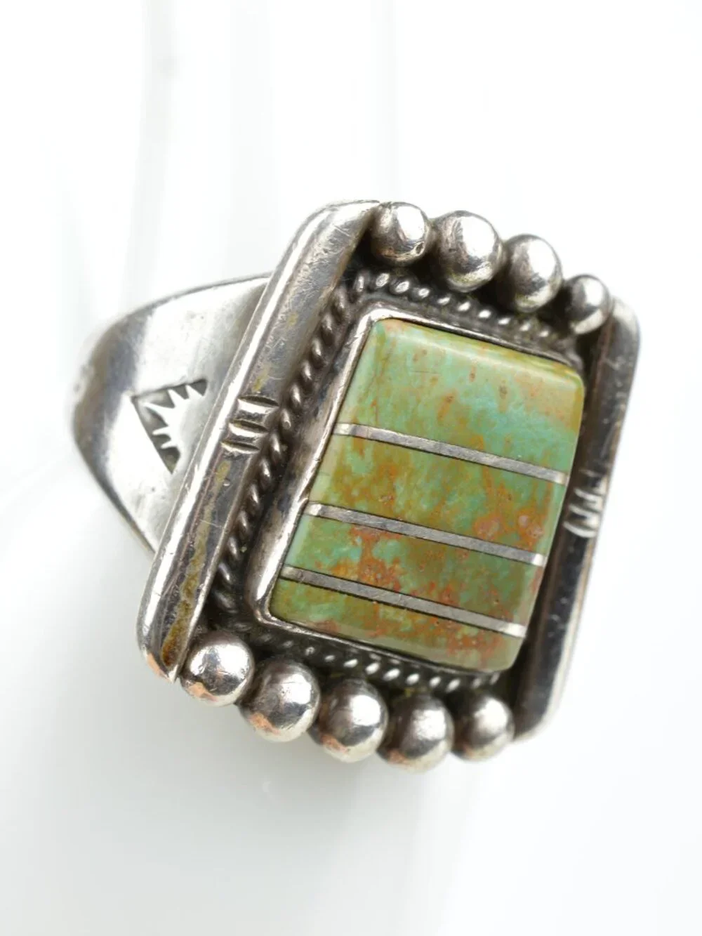 Vintage Navajo Sterling Silver Gaspeite Channel Inlay Ring Sz 14.25 Heavy 19.5g