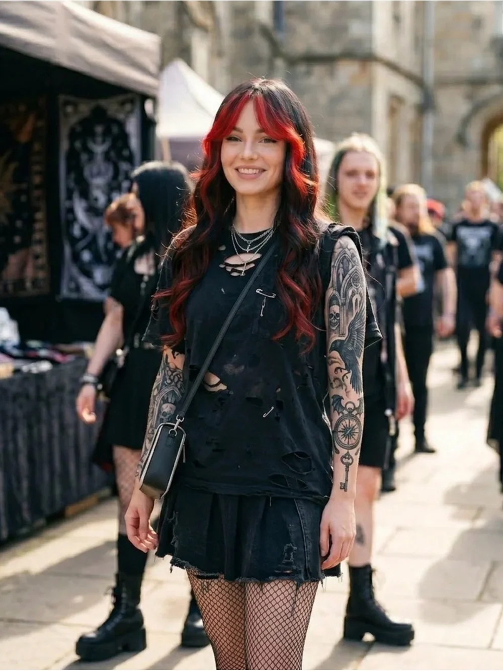 Black and Red Long Wavy Curtain Bang Full Cap Wig