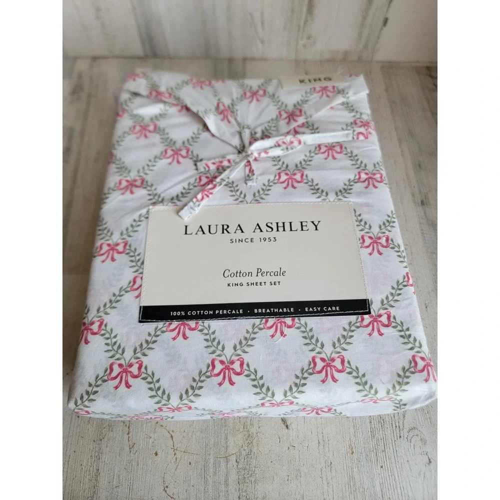 Laura Ashley NEW bow trellis King bedsheet 3pc Xmas‎ home decor holiday