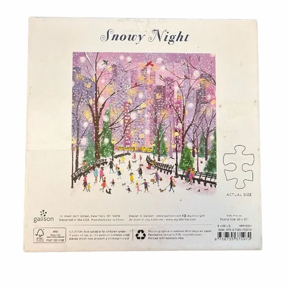 Galison Snowy Night 500 Piece Puzzle Complete Winter City Park Holiday Jigsaw