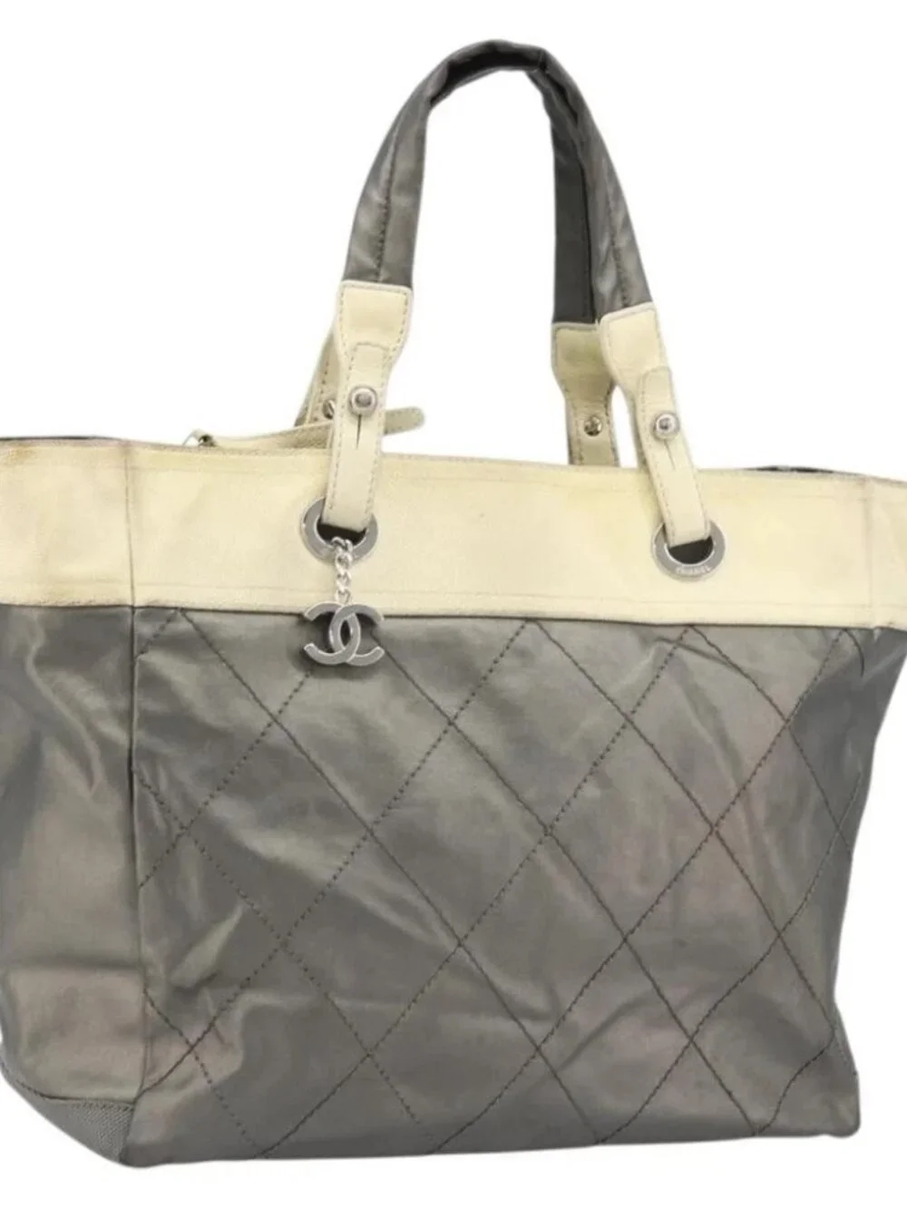CHANEL Paris Biarritz GM Tote Bag Coated Canvas Gray Silver CC Auth bs34403