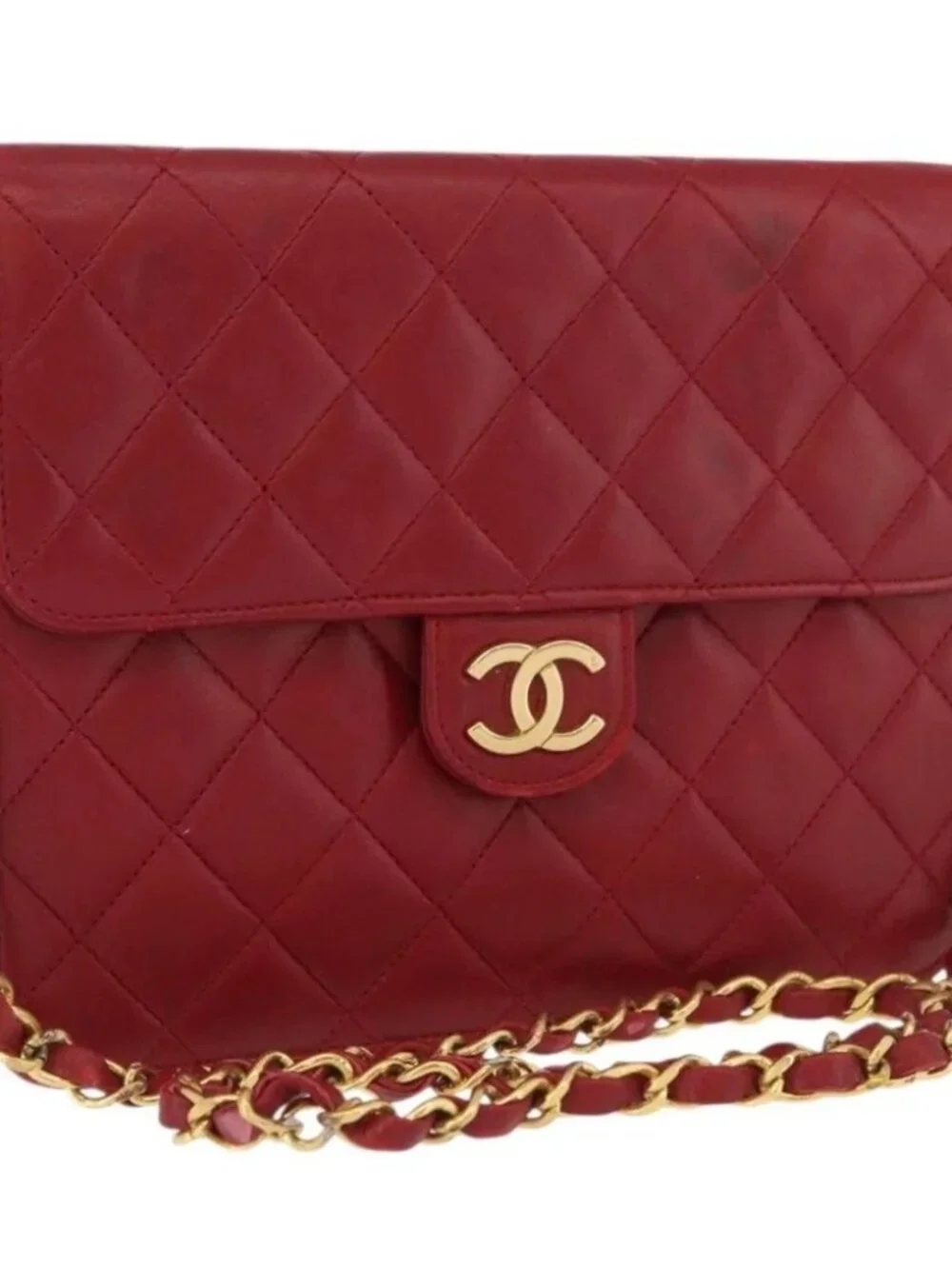 CHANEL Matelasse Chain Shoulder Bag Lamb Skin Red Gold CC Auth YKZ368