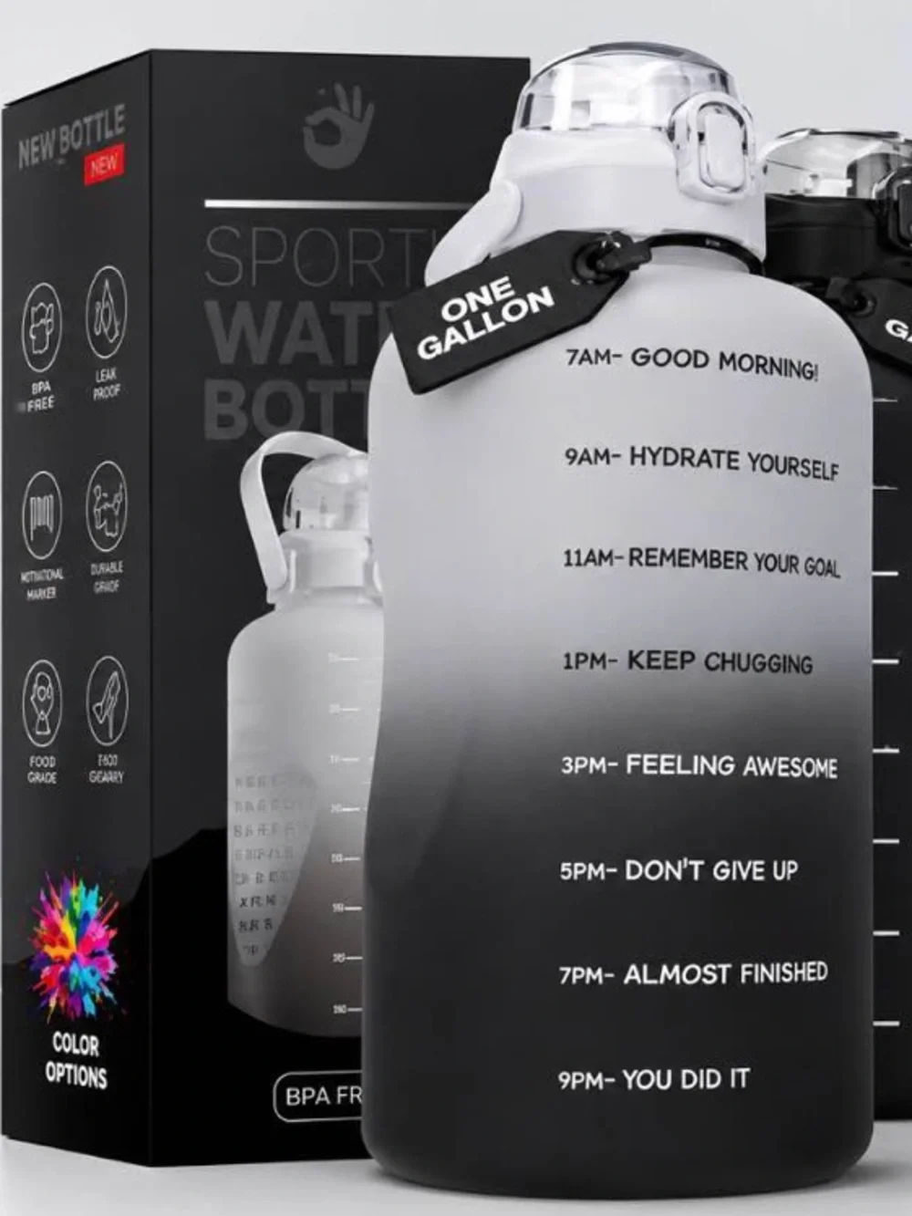 Motivational One-Gallon Water Bottle - Black NEW