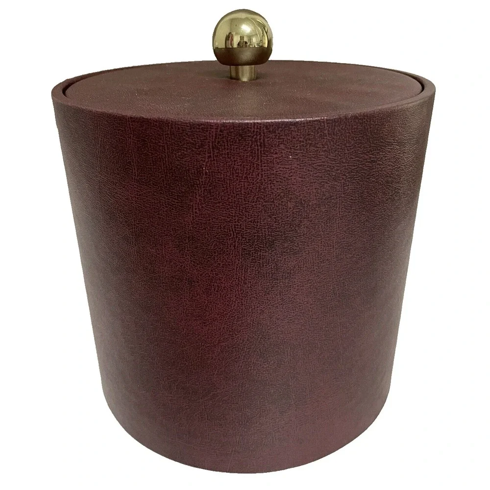 Vintage Erwyn Burgundy Leatherette Ice Bucket Brass Knob‎