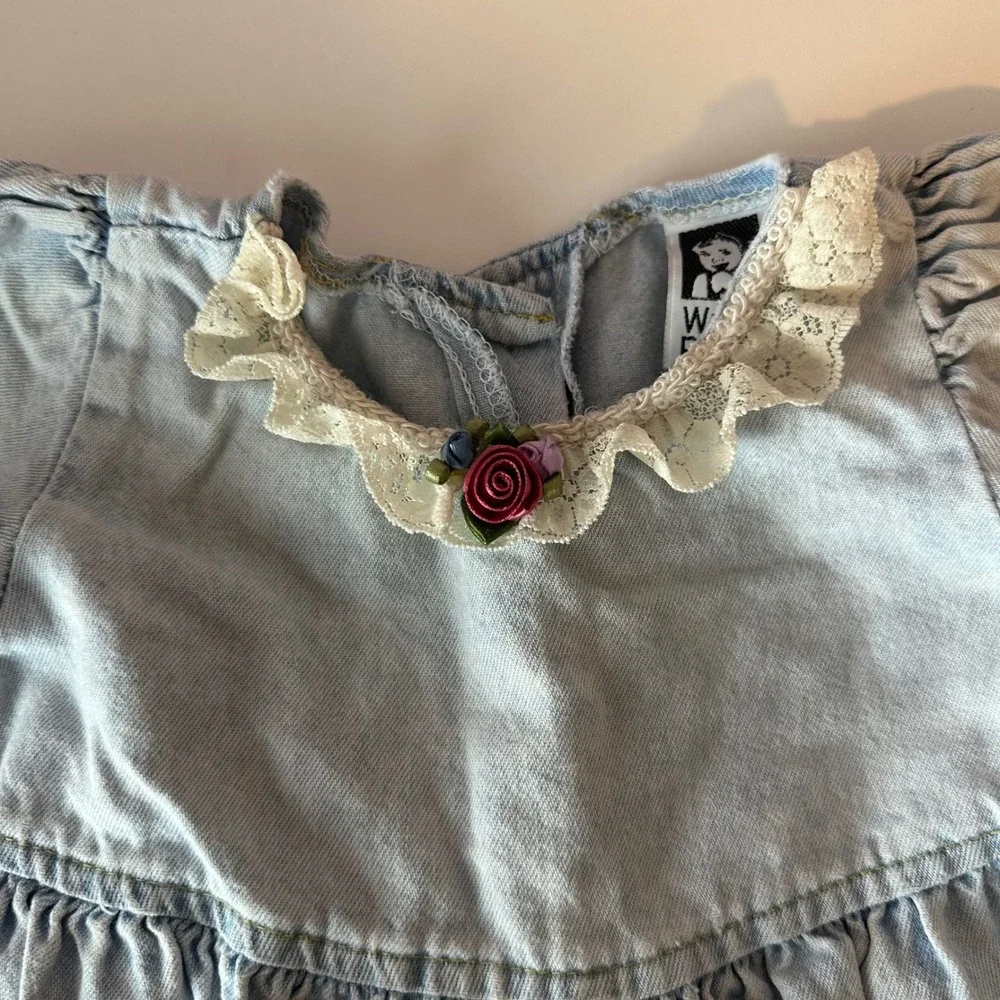 Vintage 90s Wee Boxers Baby Girl Denim Romper Size 12 Months Roses Lace Feminine