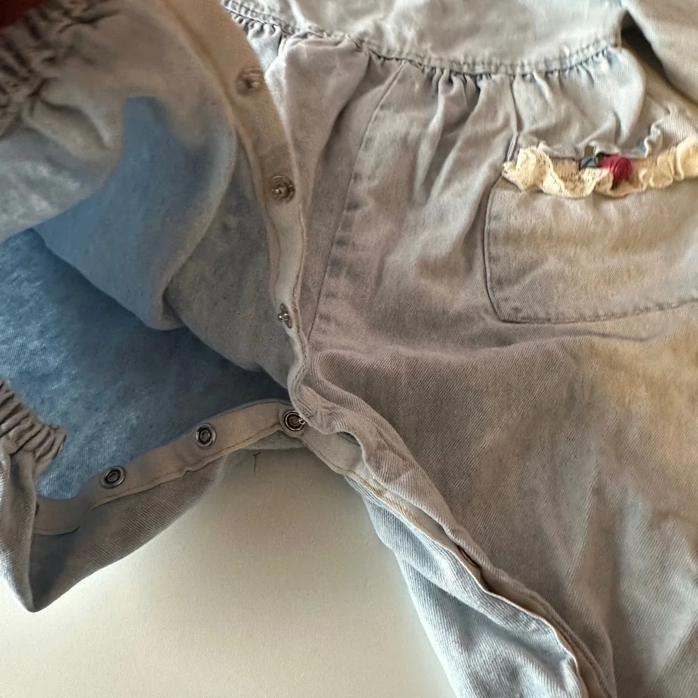 Vintage 90s Wee Boxers Baby Girl Denim Romper Size 12 Months Roses Lace Feminine