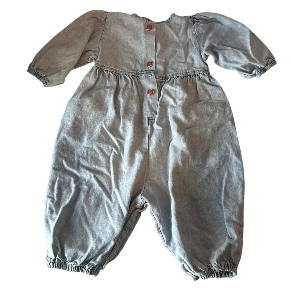 Vintage 90s Wee Boxers Baby Girl Denim Romper Size 12 Months Roses Lace Feminine