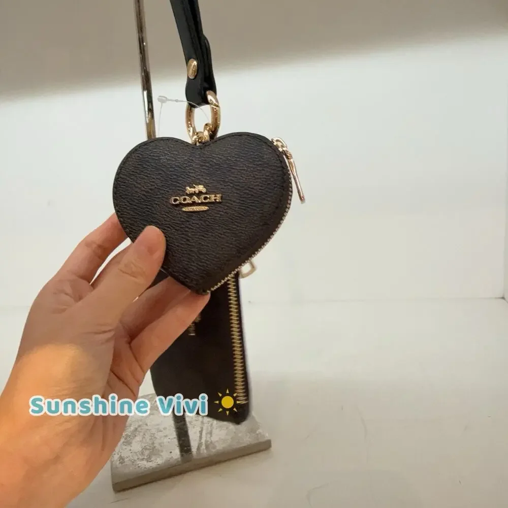 NWT Coach Wristlet And Heart Pouch Signature Canvas Charm Walnut/Black CEO28