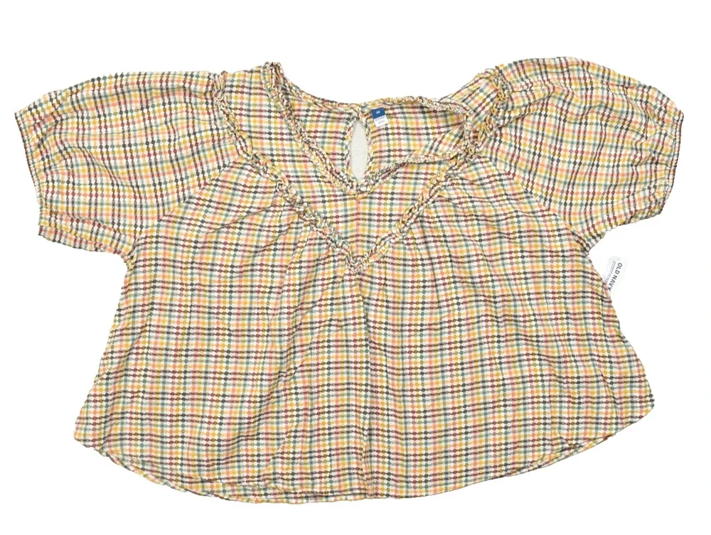 Old Navy Womens 3X Top Multicolor Gingham Plaid Cotton Keyhole Back Puff Sleeve