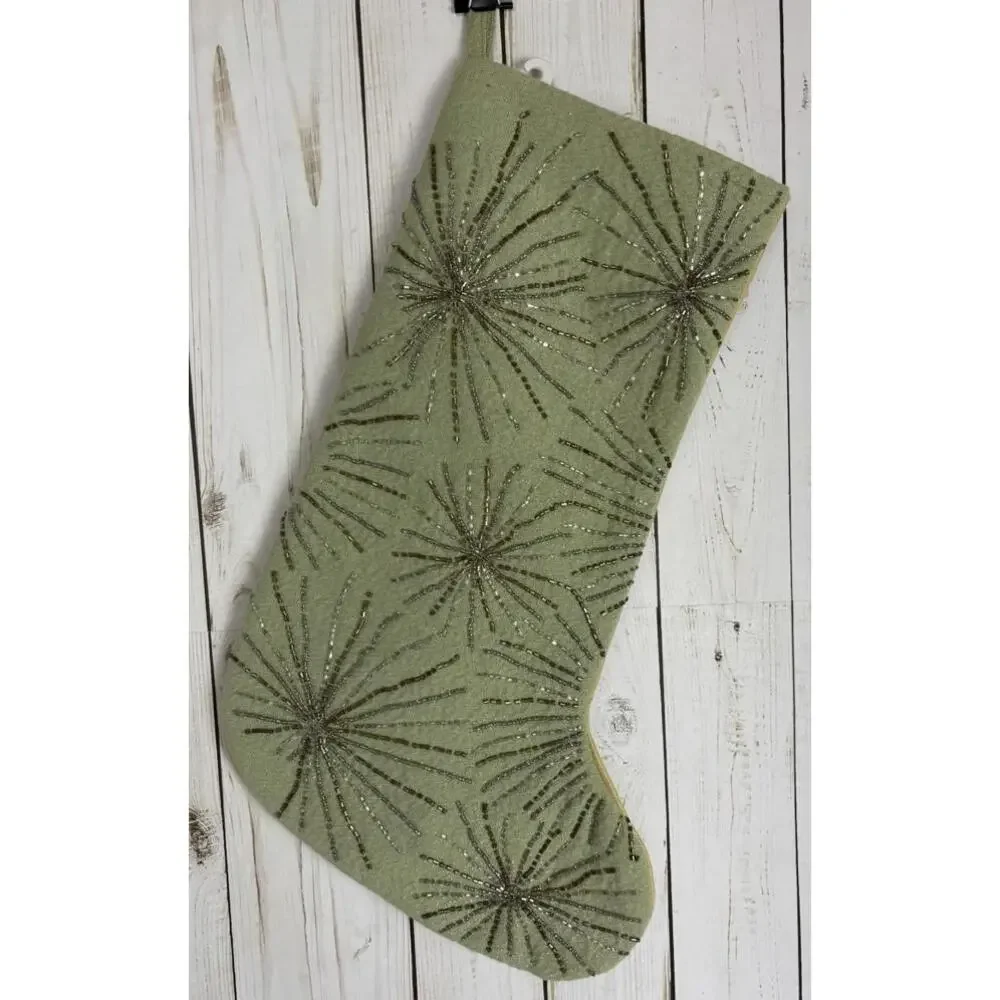 Tahari Home Sage Green Beaded Starburst Christmas Stocking Metallic‎ 22