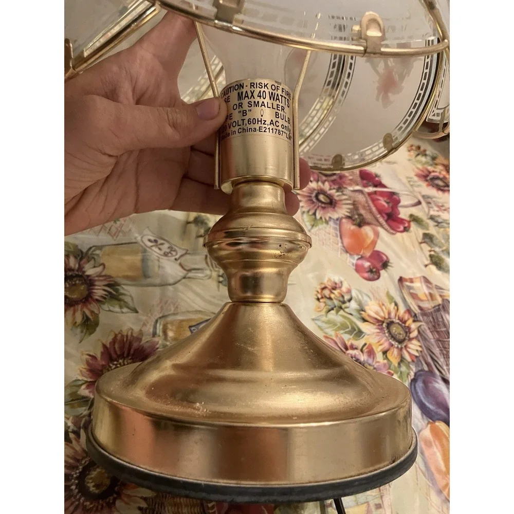 Vtg 3-Way  Gold Tone Touch Lamp with 6 Glass Panels White Floral 14