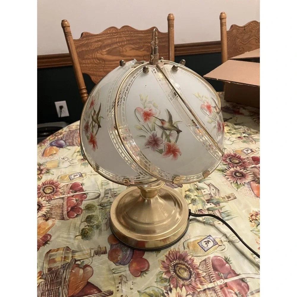 Vtg 3-Way  Gold Tone Touch Lamp with 6 Glass Panels White Floral 14