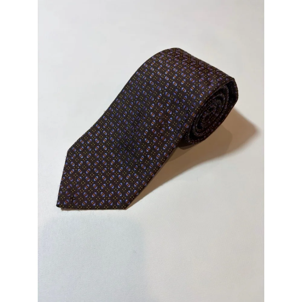 Massimo Bizzochi Silk Tie Italy Brown Blue Geometric Luxury Classic