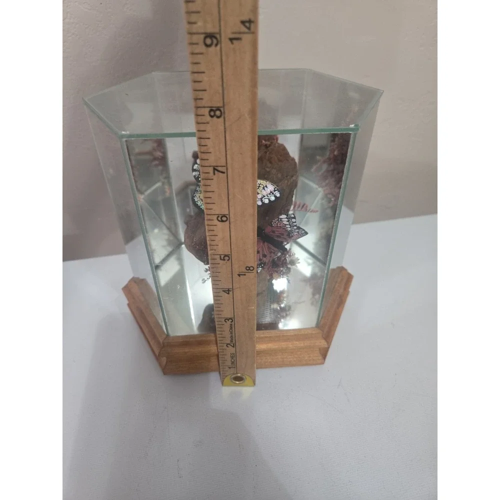 Vintage Glass & Wood Hexagonal Butterfly Taxidermy Diorama Display Yellow Pink