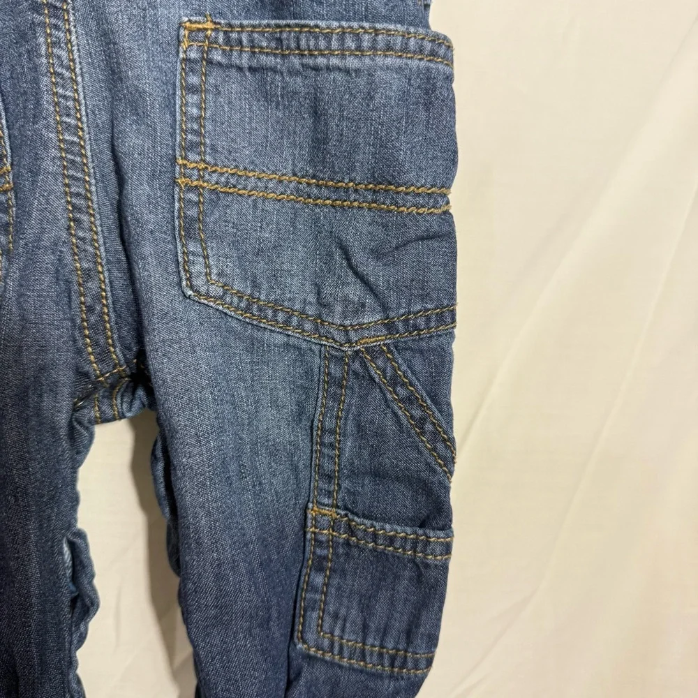OshKosh B'gosh Blue Denim Overalls, Plaid Flannel Lined Size 9 Mo ADORABLE