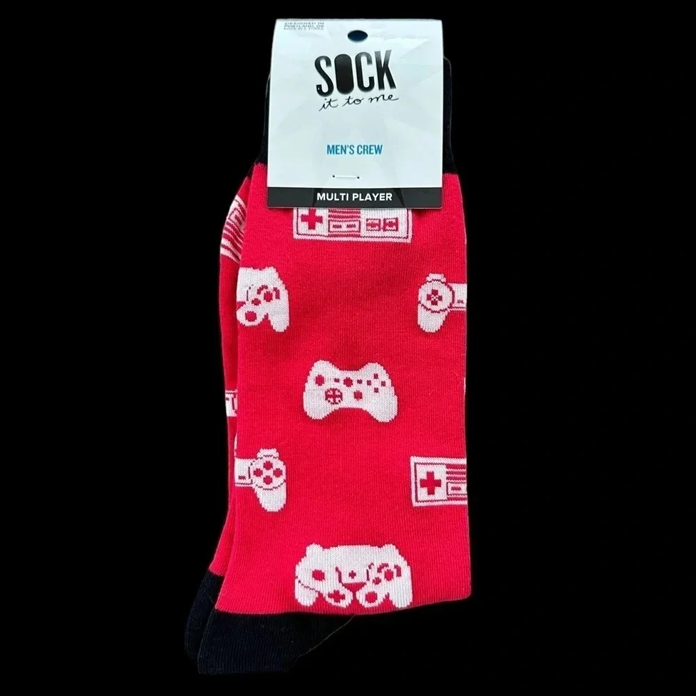 NWT Sock it to me Mens Crew Socks Multi Player Gamer Game Controller Red Novelty
