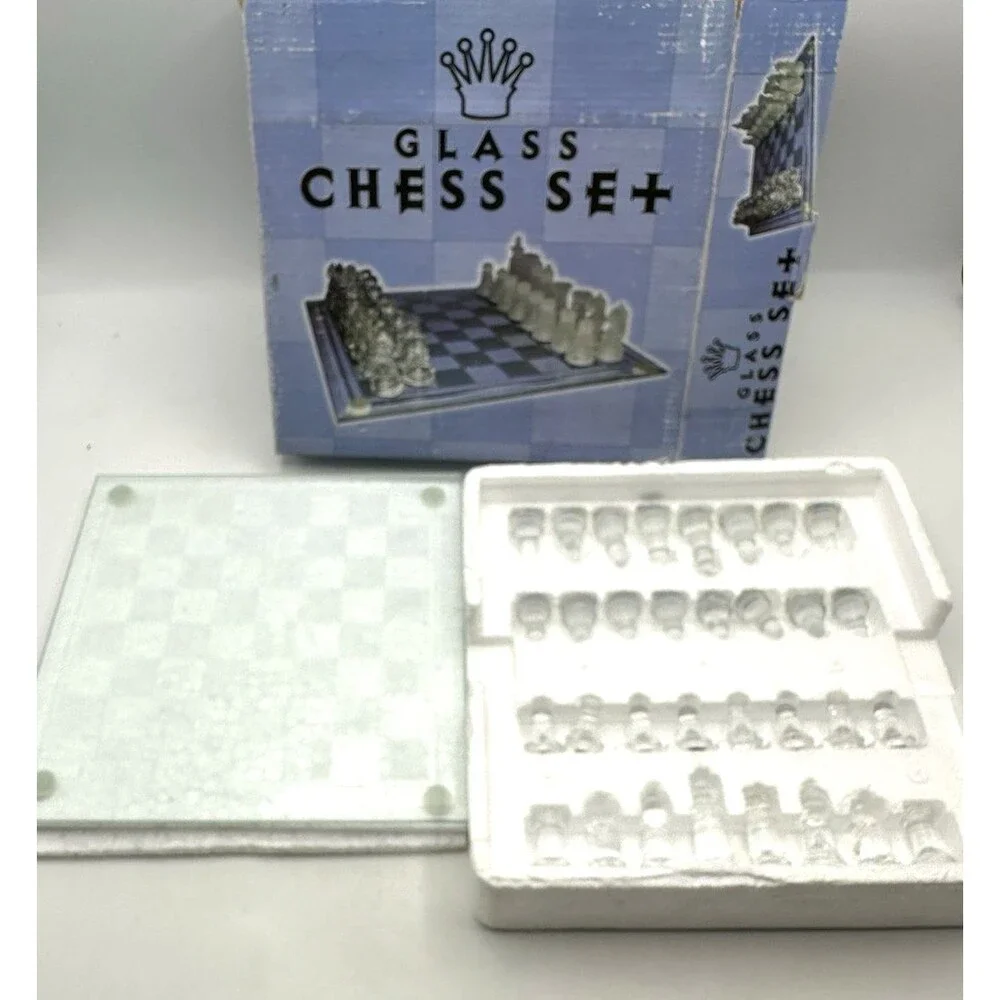 Glass Chess Set Frosted & Clear Board W/ Box Complete