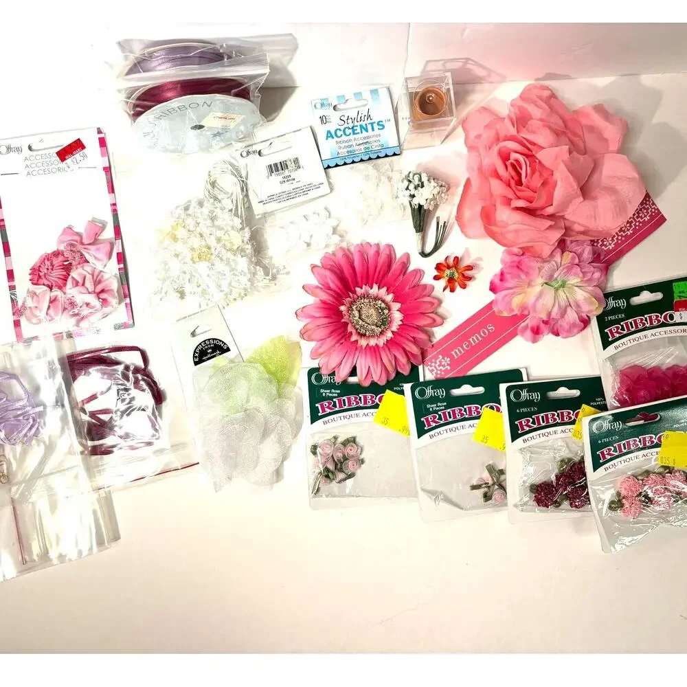 Crafting Lot Flower Fairy Garden Ribbon Roses Floral Flower Pots Craft Pink