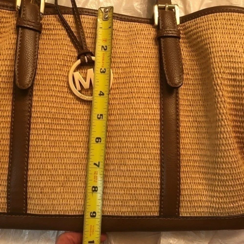 Michael kors brown leather and wicker tote bag with detachable pouch
