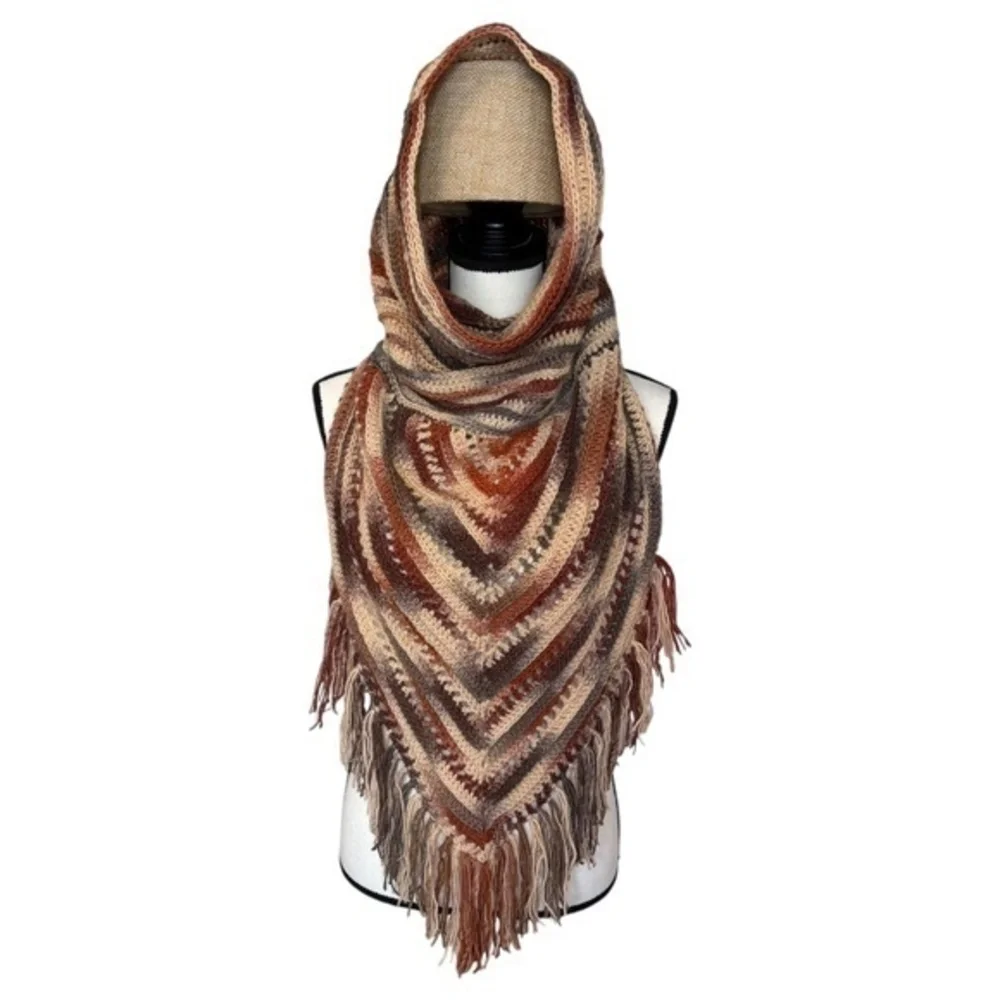 Handcrafted Crochet Hooded Cowl Scarf With Fringe New Handmade by Seller Knit
