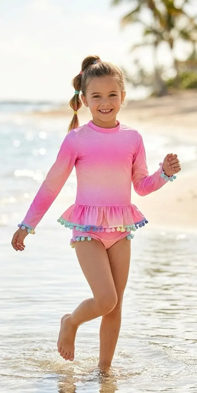 NWT❤️Betsey Johnson Girl's Long Sleeve 2 Pc Rash Guard Tankini Swimsuit sz14