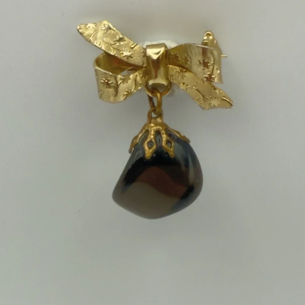 Vintage Gold Tone Bow Brooch Dangle Banded Agate Glass Drop Pin Celestial