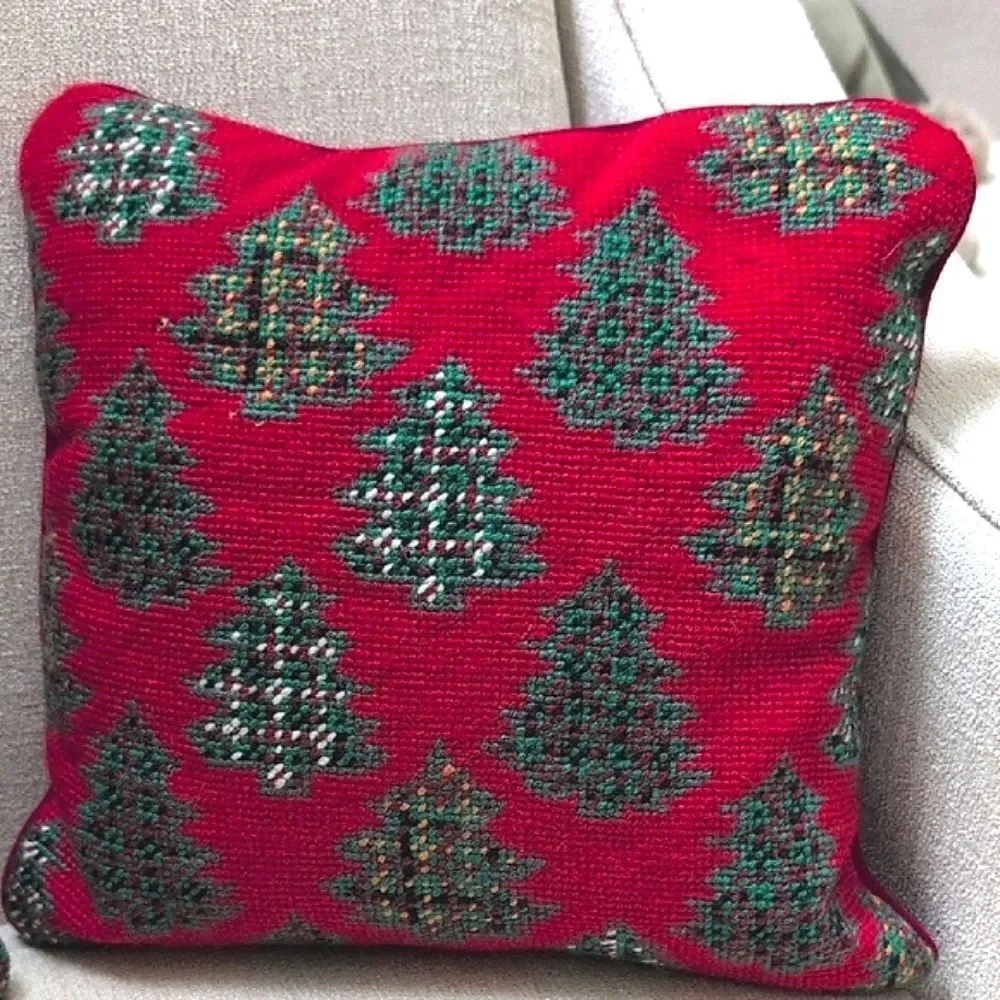 Festive Red & Green Needlepoint Christmas Tree Holiday Pillows Vintage Set of 2